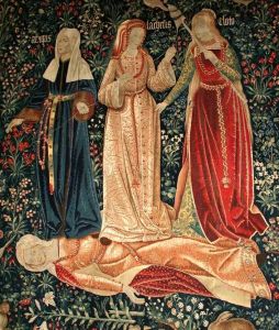 Les trois Moires filent de la laine au-dessus du corps d'une femme morte. 