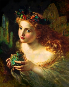 Fée peinte par Sophie Gengembre Anderson (1823–1903), Take the Fair Face of Woman, and Gently Suspending, With Butterflies, Flowers, and Jewels Attending, Thus Your Fairy is Made of Most Beautiful Things